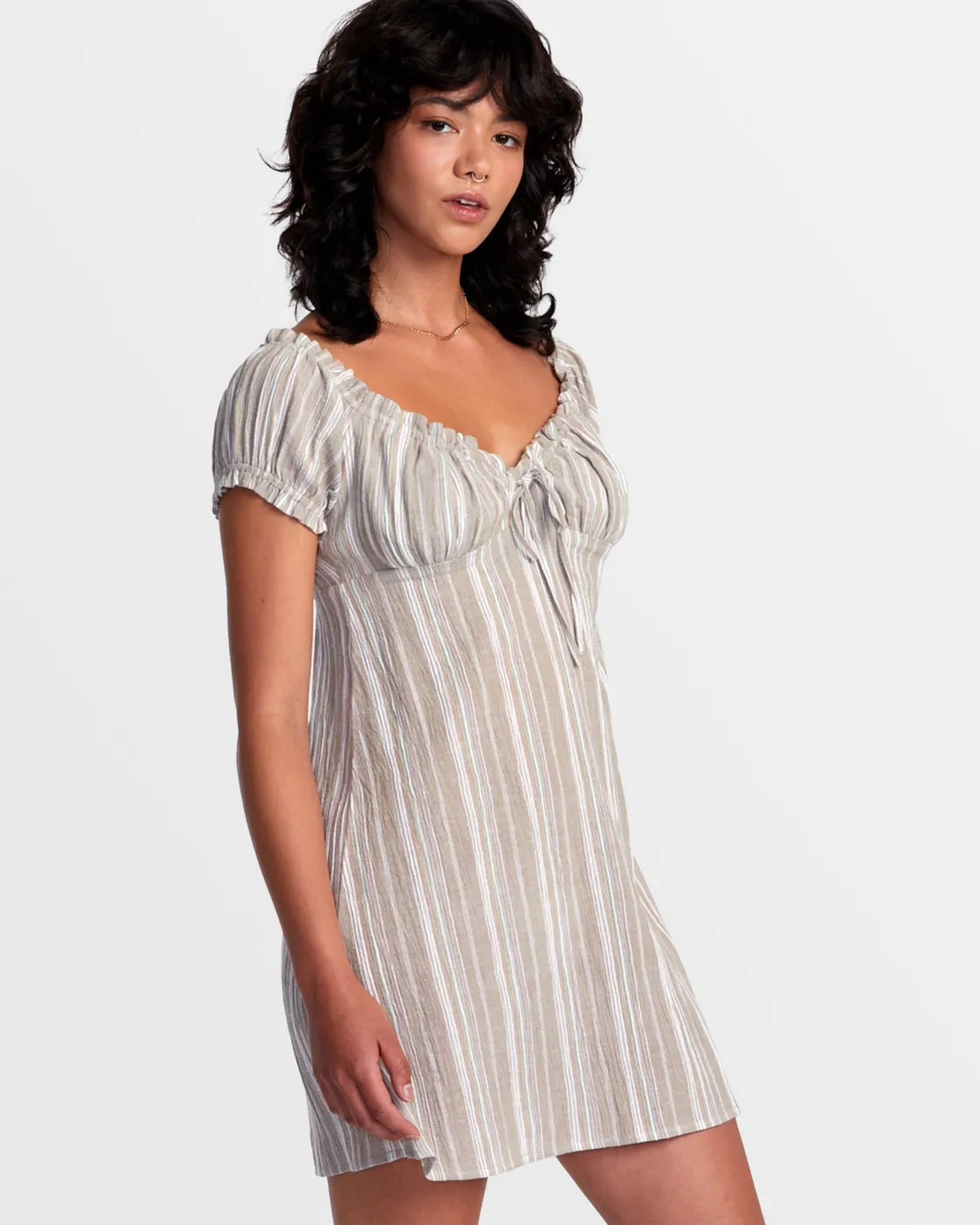 RVCA LEILAH STRIPED MINI DRESS Dark Khaki Sale