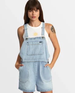 RVCA SUCCESSION SHORT DENIM OVERALLS Bleached Indigo New